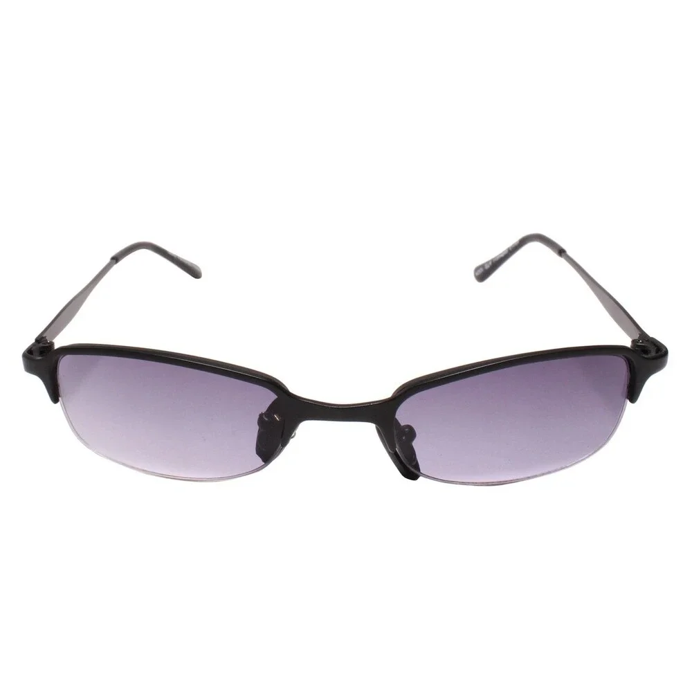 Mens Retro Vintage Narrow Rectangular Semi Rimless Metal Black Sunglasses